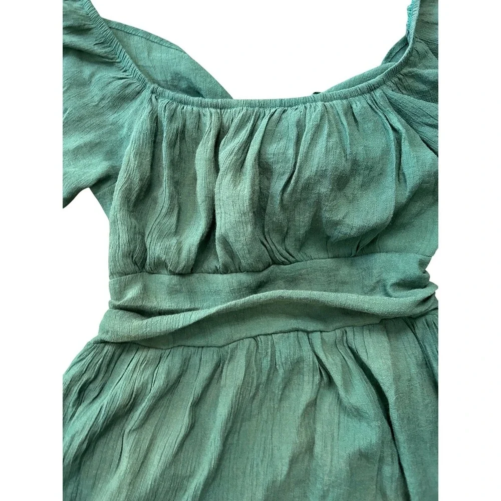 Boho Teal Green Puff Sleeve Tie‎ Back Cutout Mini Dress Smocked Ruffle Hem